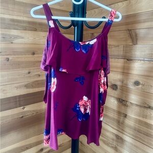 Floral Cold Shoulder Ruffle Top Burgundy Small Summer